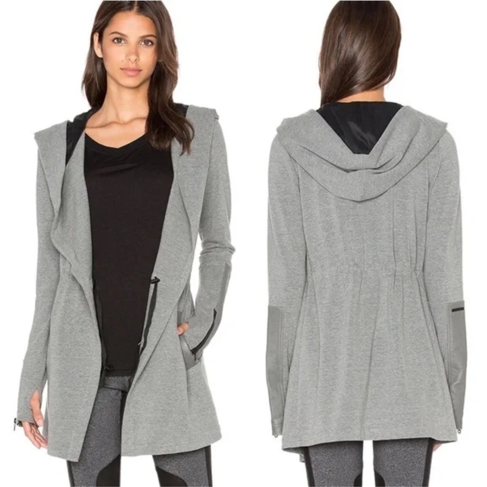Blanc Noir Gray Longline Hooded Jacket Athleisure Open Front Coat with Thumbhole